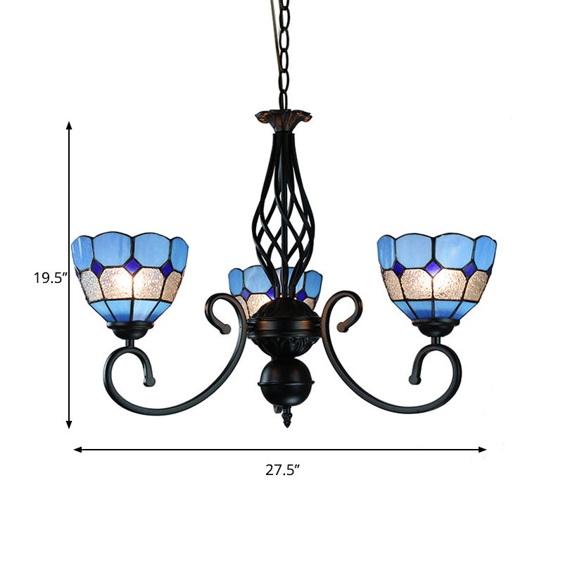 Mediterranean Bowl Pendant Light with Curved Arm Blue Glass 3 Lights Foyer Chandelier