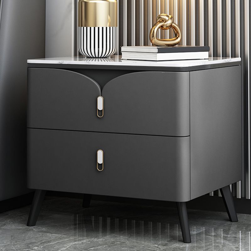 18 Inch H Night Table Modern Solid Wood 2-Drawer Stone Top Faux Leather Nightstand