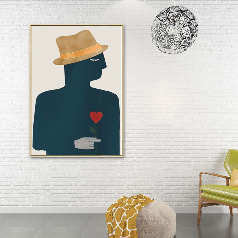 Canvas Texture Painting Nordic Gentleman Holding A Love-Shaped Flower Wall Art