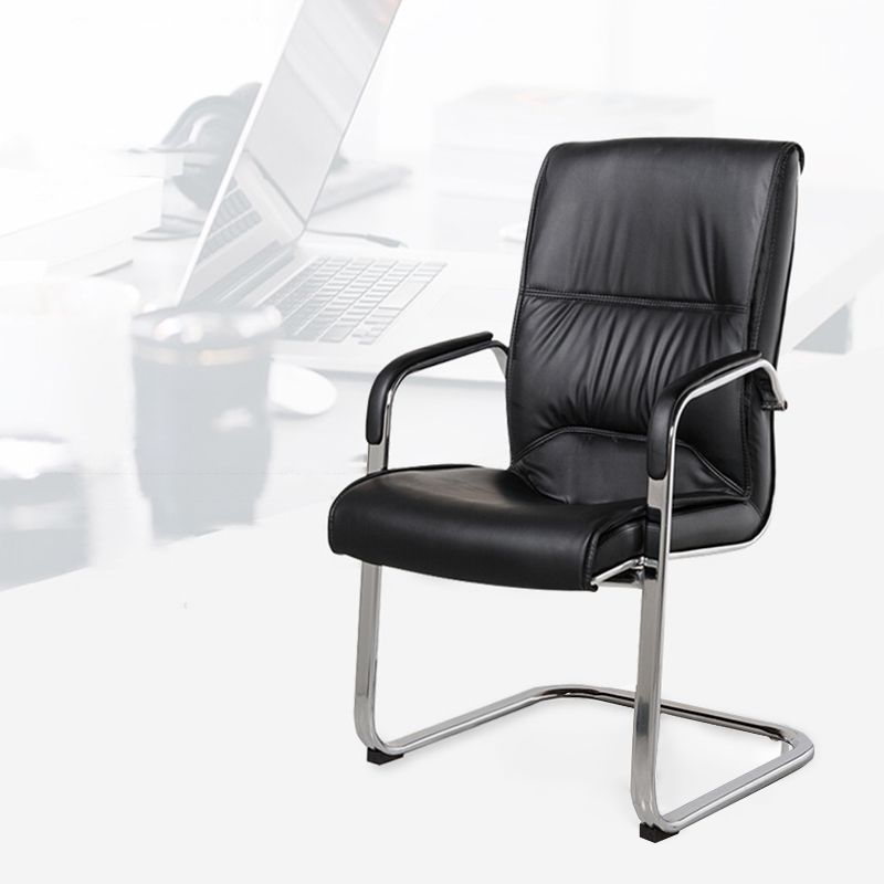 Modern Style Office Chair Black Leather No Wheels Fixed Arm Chair