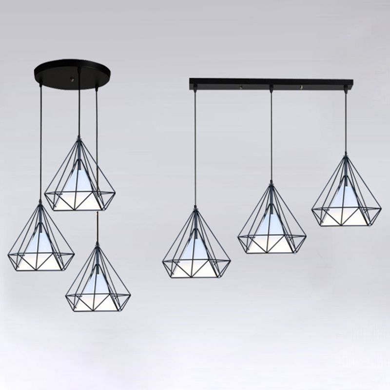 3 Lights Diamond Cage Hanging Pendant Lights Industrial Style Metal Pendant Ceiling Lights