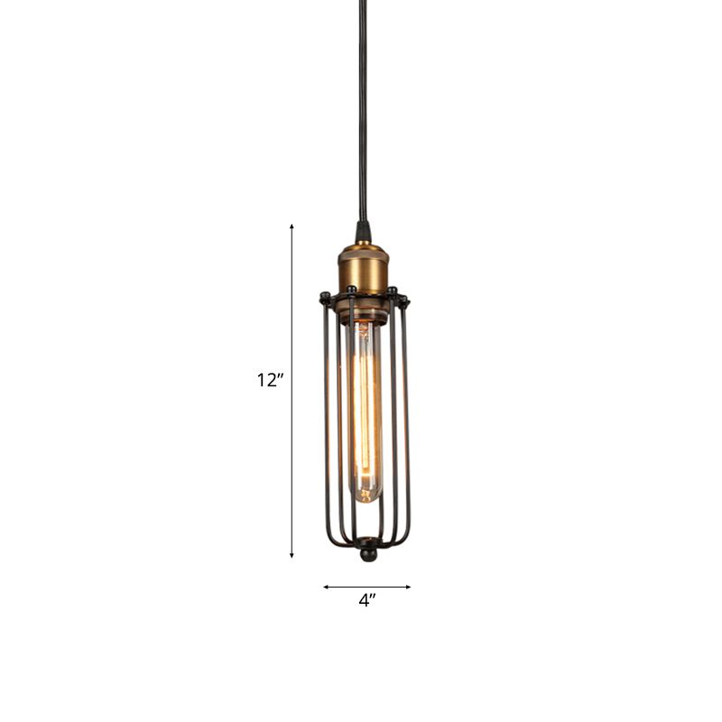 1 Head Tubed Pendant Lighting with Cage Shade Industrial Brass Finish Metal Hanging Ceiling Light