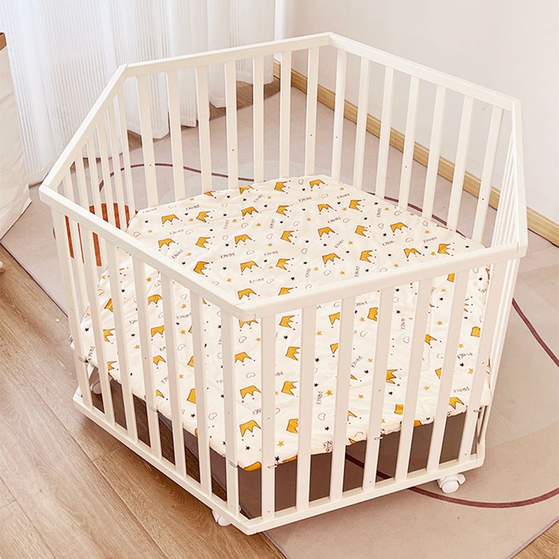 Hexagon White Crib Solid Wood 4-In-1 Convertible Crib with Casters