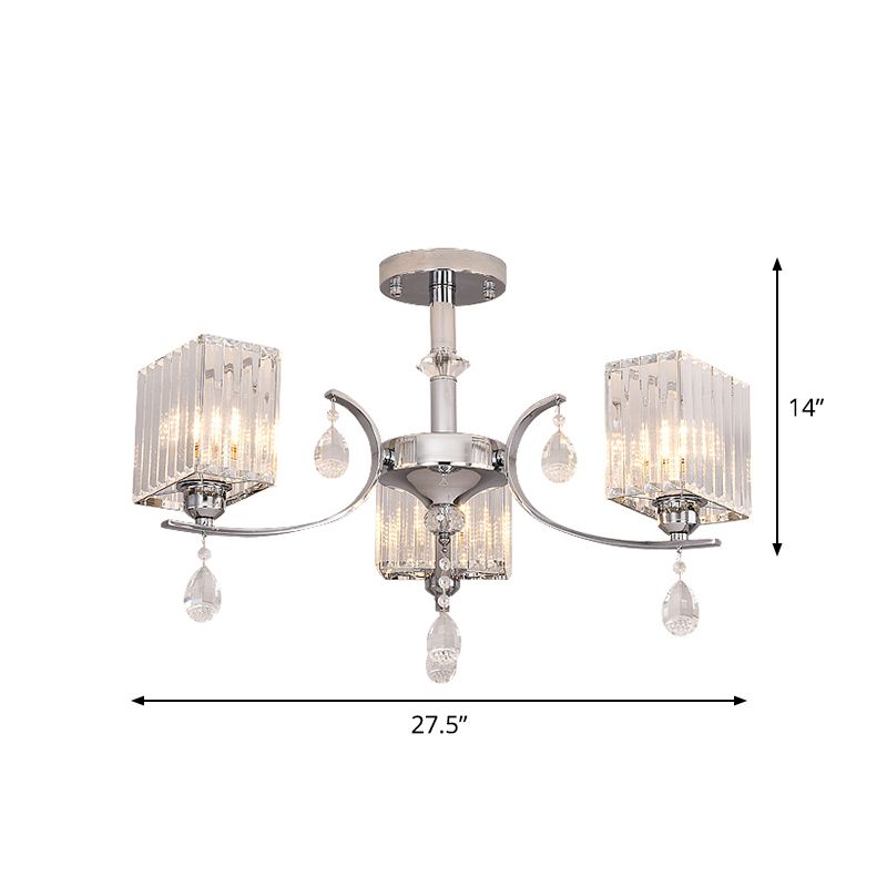 Crystal Prisms Cuboid Ceiling Light Simple 3 Heads Chrome Semi Flush Chandelier with Drop Deco