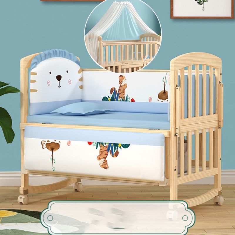 Pine Convertible Baby Crib Wood Nursery Crib with Guardrail and Wheels