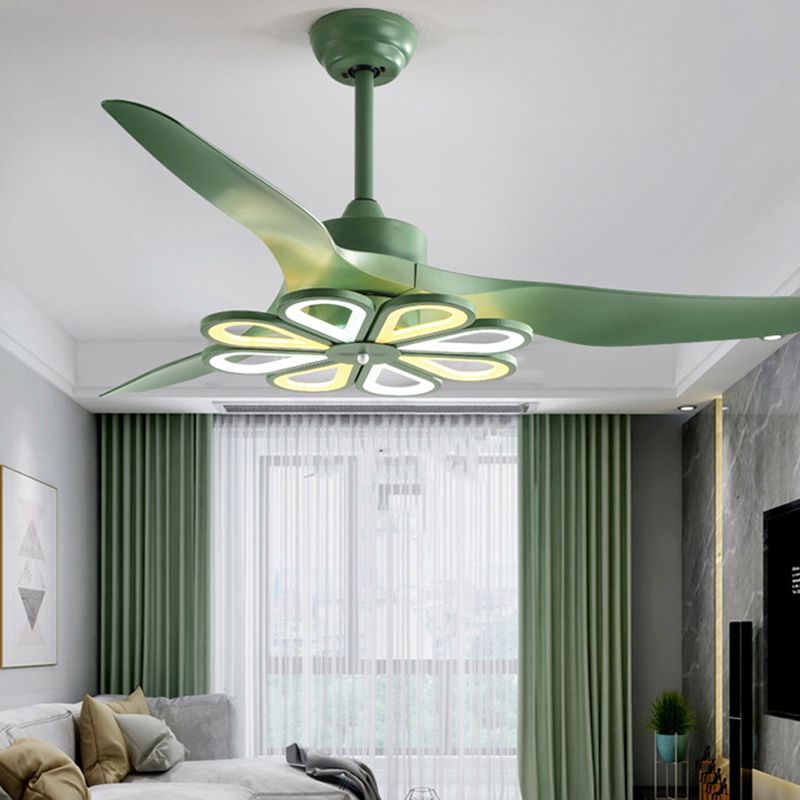 52" W Green Floral Pendant Fan Lighting Contemporary Acrylic Living Room 3 Blades LED Semi Flush Mounted Lamp