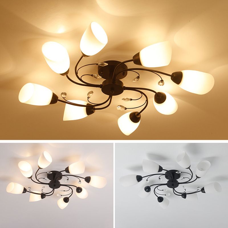 White Glass Shade Semi Flush Mount Lighting Modern Black Swirled Arm Ceiling Light for Living Room