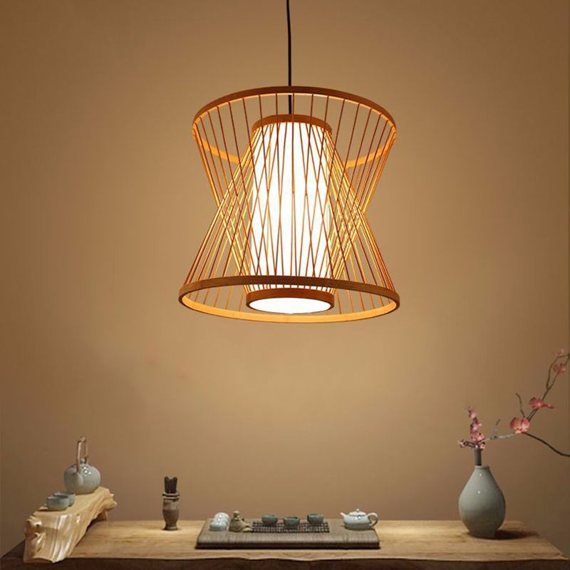 Wood Hourglass Shaded Suspension Light Simplicity 1-Light Bamboo Pendant Light Fixture