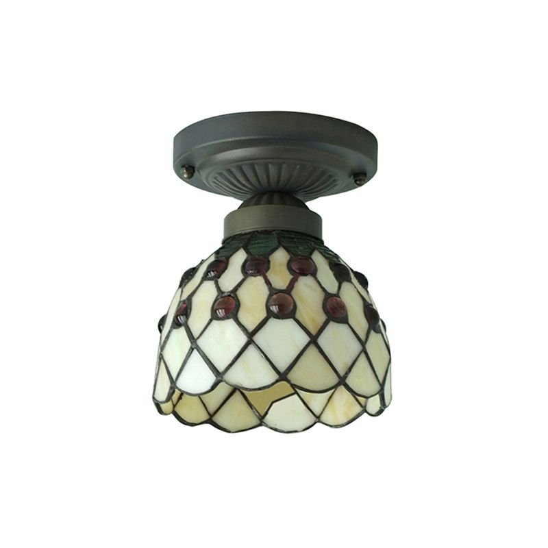 Cup Shade Semi Flush Mount Retro Style Purple/Beige Glass 1 lichte plafondlamp met juweelpatroon