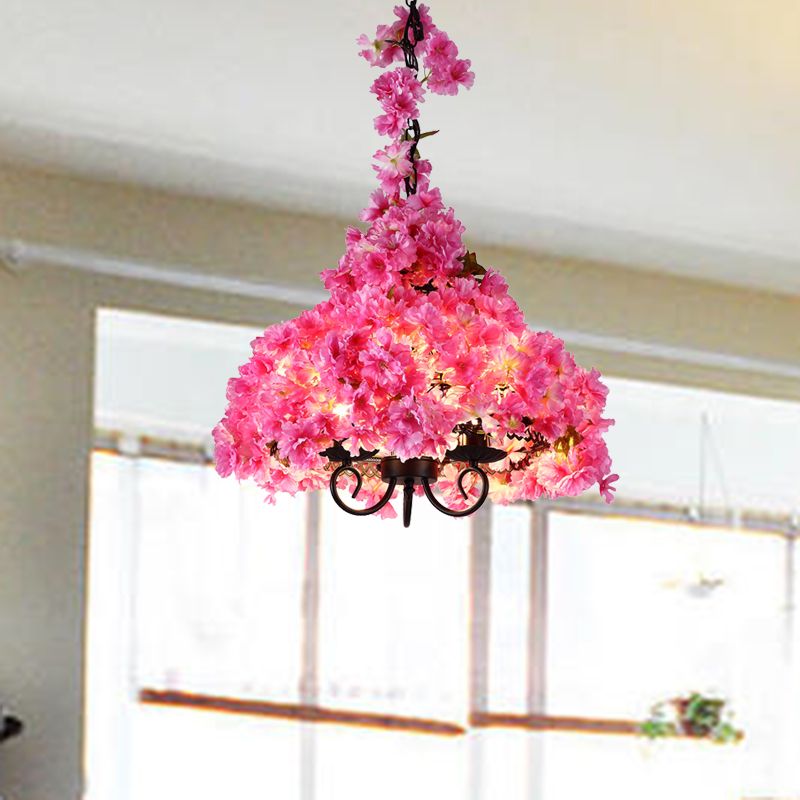 Cherry Blossom Metal Chandelier Light Industrial 3 Bulbs Restaurant LED Hanging Lamp in Pink