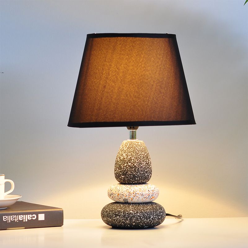 Ceramics Stone Shape Night Light Modernist LED Night Table Lamp in Black/Grey with Fabric Shade