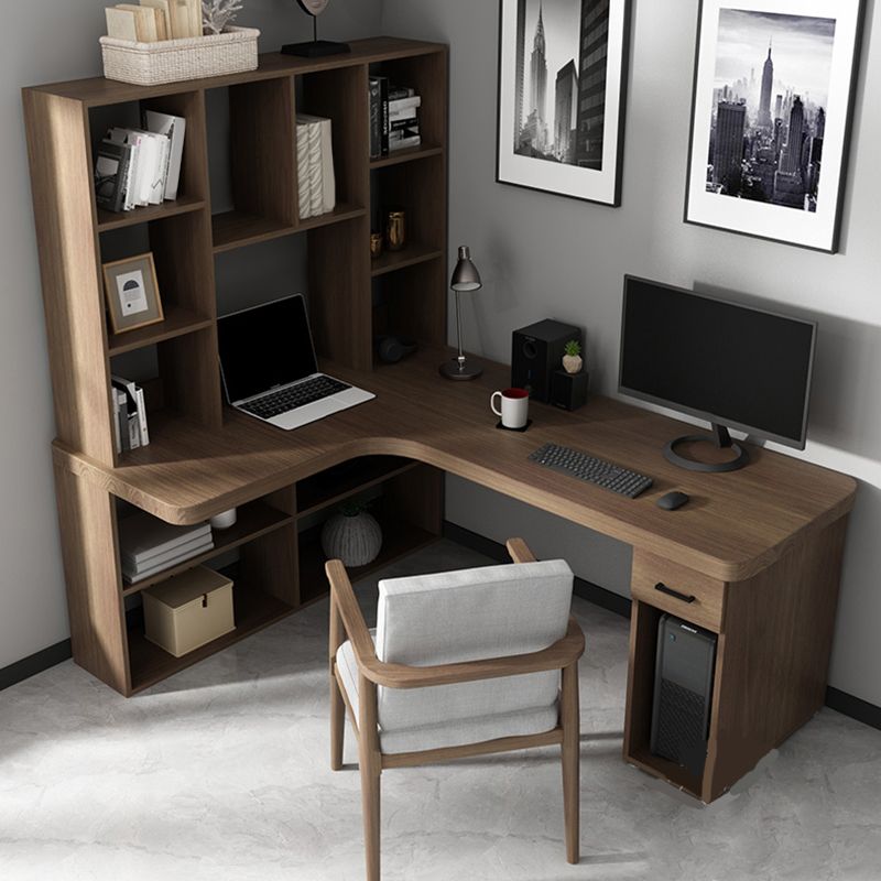 Contemporary Office Desk L-Shape Credenza Desk with Bookcase