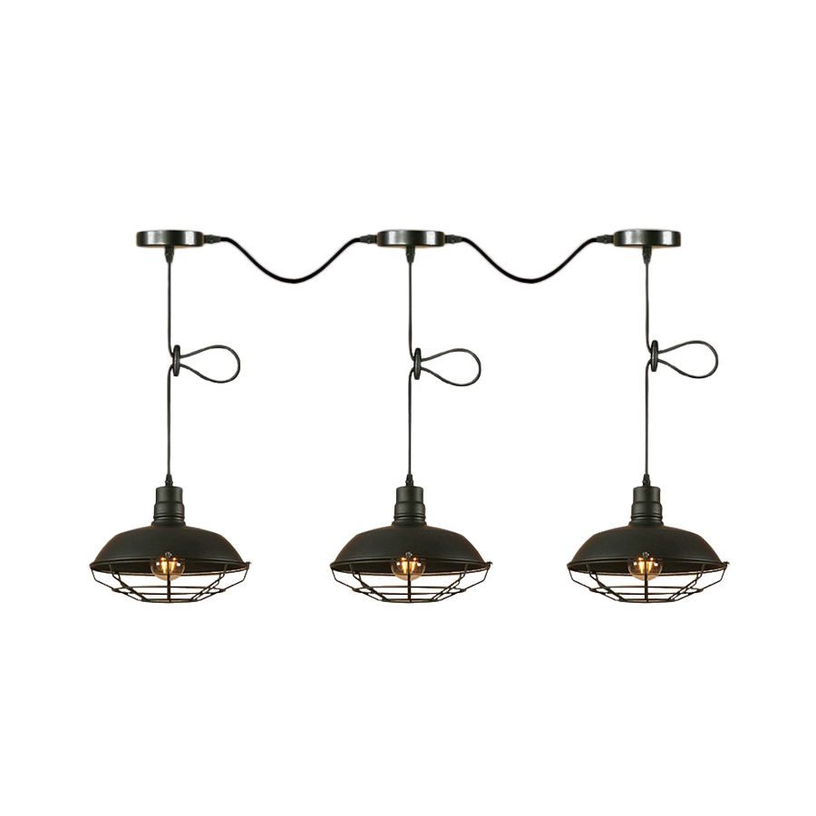 Barn Metallic Hanging Light Industrial Style 3/5 Lights Kitchen Pendant Lamp with Wire Cage in Black Finish