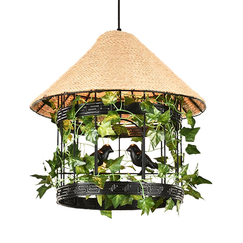 1-Bulb House Pendant Ceiling Light Vintage Black/Rust Finish Rope Hanging Lamp Kit with Flower/Vine Deco