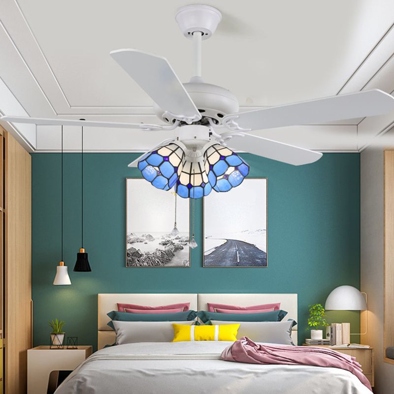 Mediterranean Style Ceiling Fan Lamp Glass Shade Ceiling Fan Light for Bedroom