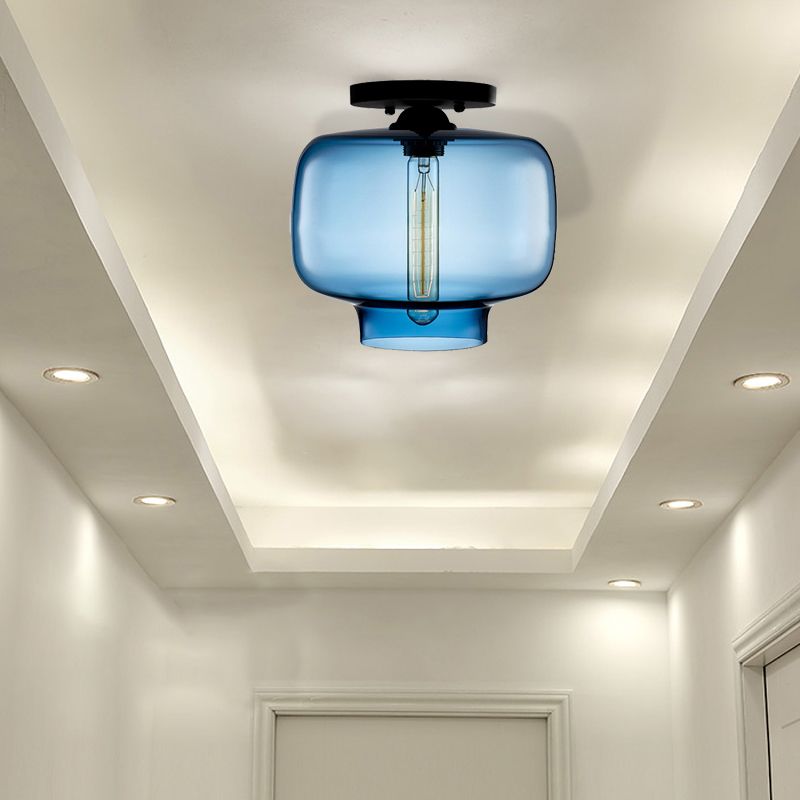 Modern Red/Sky Blue/Amber/Smoke Gray/Coffee Lantern Flushmount Light 1 Bulb Flush Mount Lamp with Glass Shade in Black