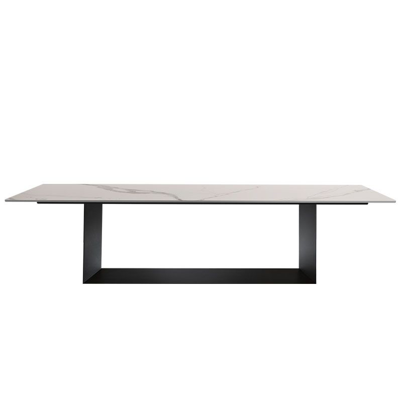 Mesa de comedor de piedra y metal rectangular mesa de comedor de base de caballete moderna