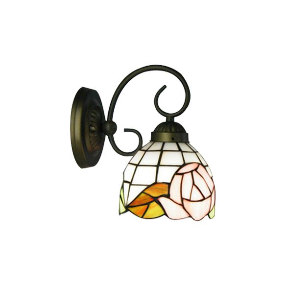 1 Head Sconce Light Victorian Dome Stained Glass Wall Light Fixture with Pink Rose Pattern