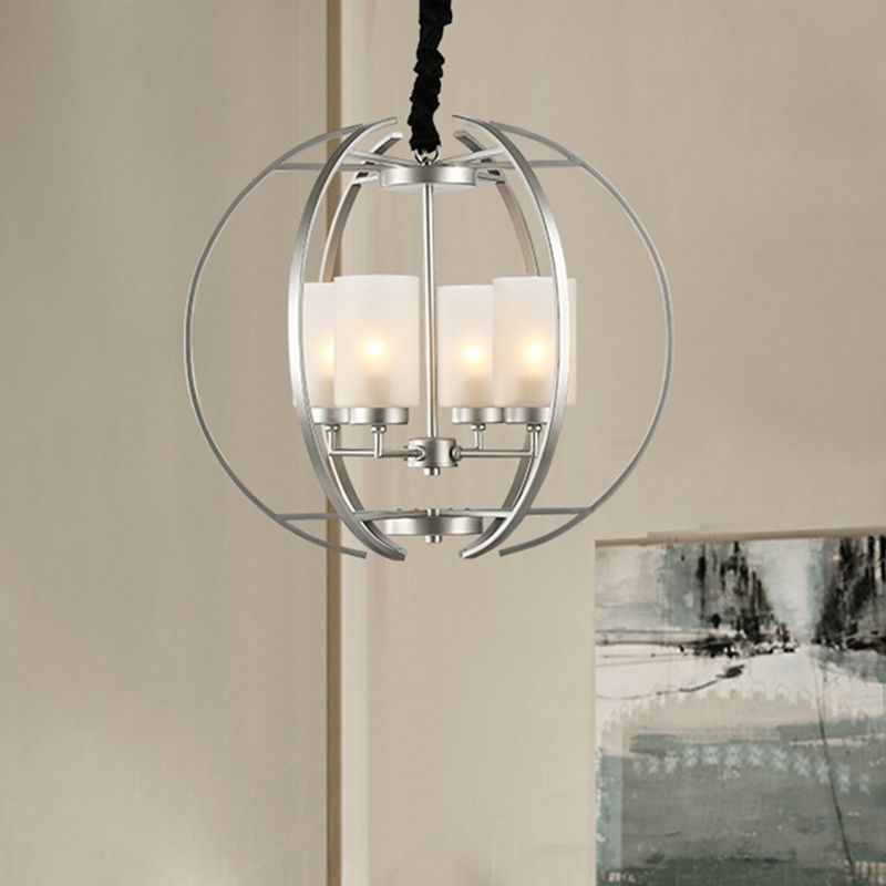 Cylinder Frosted Glass Hanging Light Contemporary 4-Head White Up Chandelier Pendant with Sphere Frame