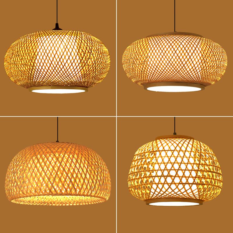 Brown Drum Pendant Light in Asian Creative Style Wrought Iron Hanging Lamp with Bamboo Weaving Shade