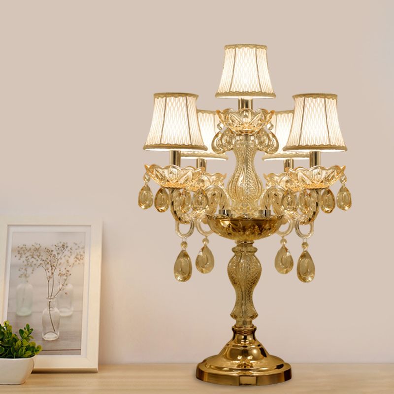 Gold 5/6/7 Bulbs Night Stand Lamp Traditional Clear Crystal Candlestick Table Light with White Bell Fabric Shade