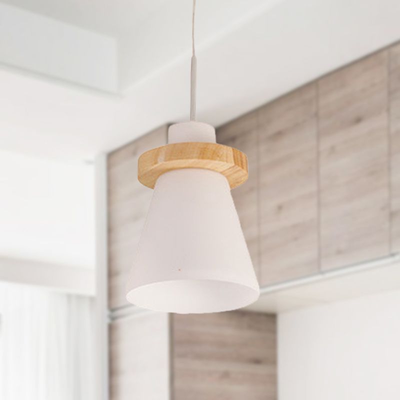 Minimalist Conical White Glass Hanging Light 1 Light Pendant Light with Wood Ring Decoration