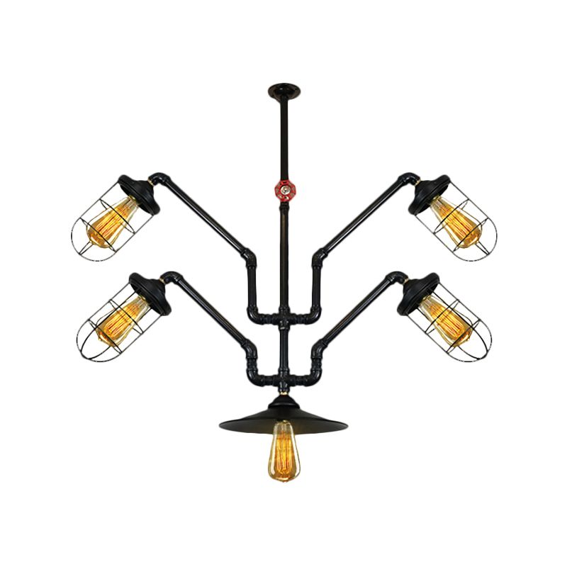 5 Lights Wire Cage Suspended Light Industrial Style Chandelier Lamp with Water Pipe for Dining Room