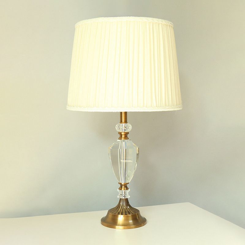 Single Head Pleated Shade Table Light Simple Beige Fabric Nightstand Lamp with Crystal Deco