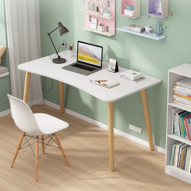 Modern White and Brown Office Desk Parsons Wooden Curved Writing Desk for Bedroom