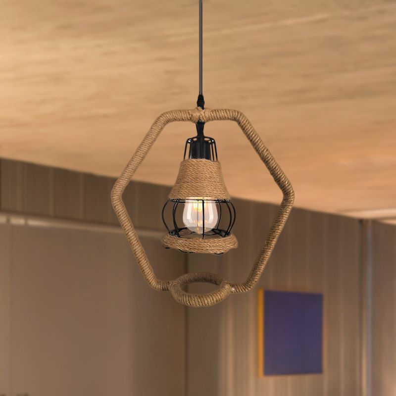 Accergo della gabbia di filo nero in stile country 1 head metal e corda lampada a soffitto con forma esagonale