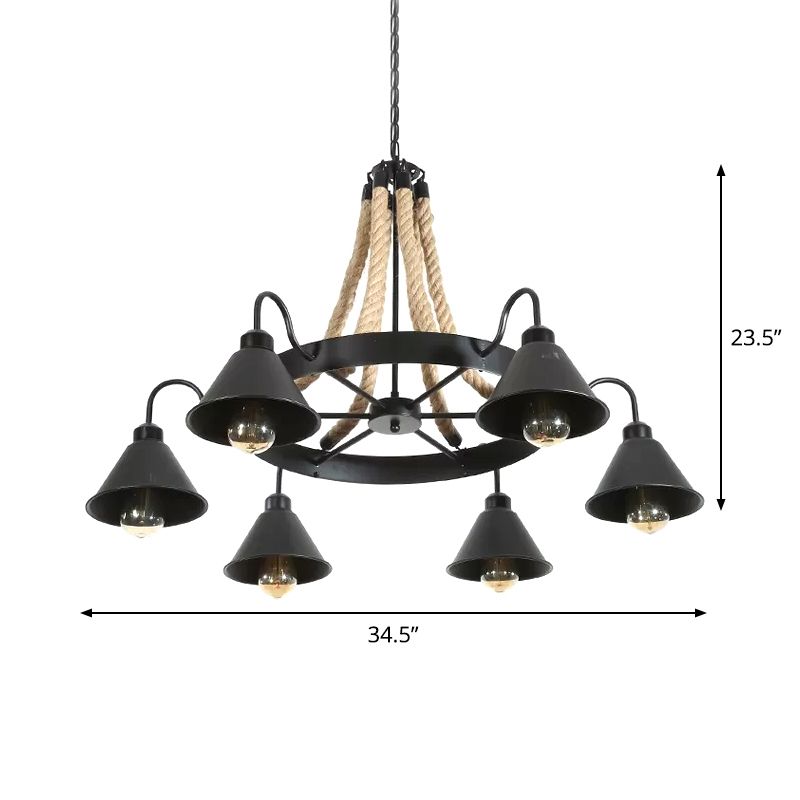 Restaurant de roues Chandelier d'éclairage Loft Style Corde 6/8 têtes Pendante marron avec une teinte en métal cône