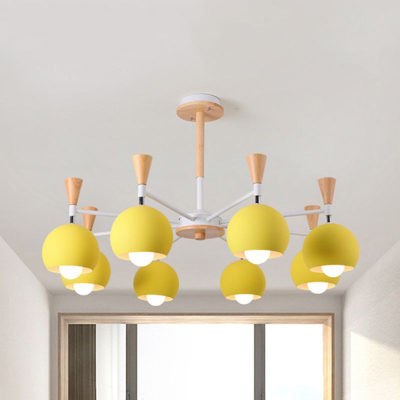6 lichten bolvormig plafond hanger macaron metalen kroonluchter in geel voor woonkamer