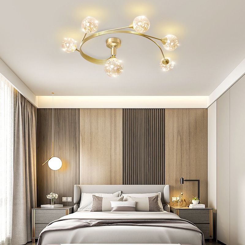 Metal Curve Semi Flush Mount Minimalist Starry LED Ceiling Light with Ball Glass Shade