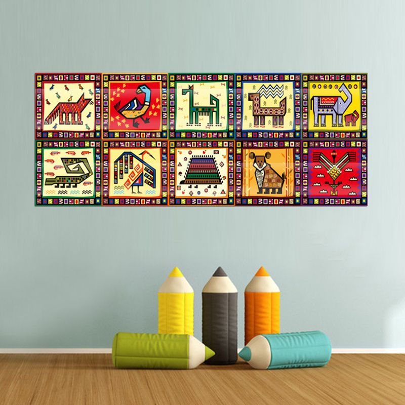 Kids Tribal Pattern Animal Wallpapers Red-Yellow-Green Stick On Wall Art for Baby Room