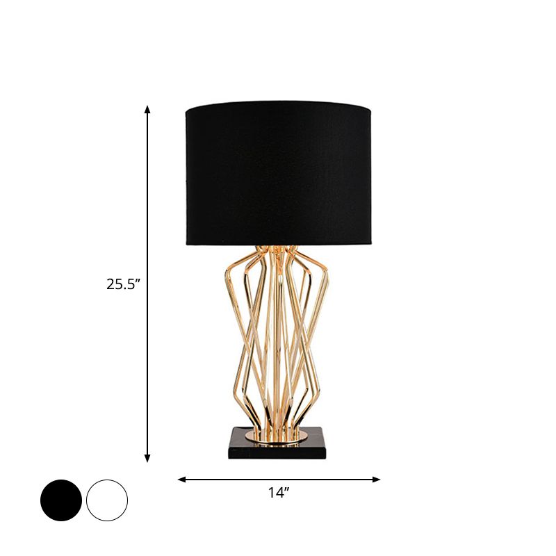 Gold Finish Hourglass Night Light Modern 1-Bulb Metal Table Lamp with Black/White Cylinder Fabric Shade