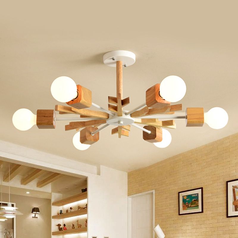 Nordic Starburst Semi Flush Light Wood 3/6 Heads Living Room Ceiling Mount Chandelier with Exposed Bulb Design