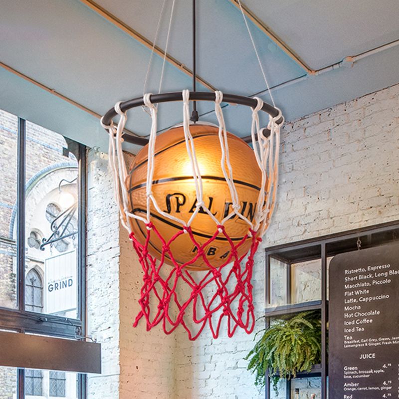 1 Light Restaurant Hanging Lamp Kids Brown Ceiling Light with Basketball Acrylic Shade