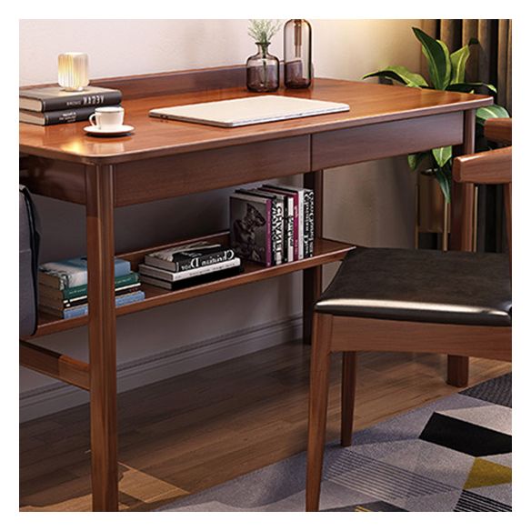 Solid Wood Study Desk Home Desk with Drawer with Storage Shelves Student Table