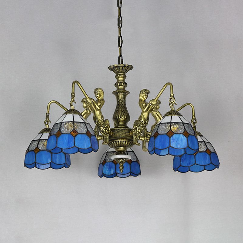 Cut Glass White/Antique Brass Pendant Lamp Dome 5 Lights Tiffany Chandelier Light with Mermaid Deco