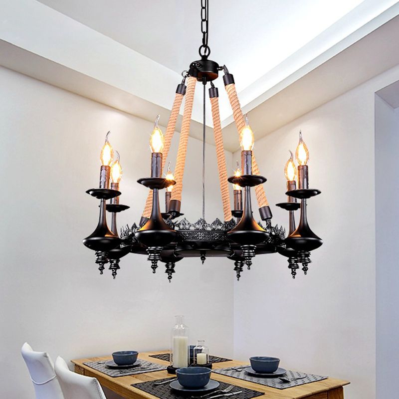 Retro Candelabra Suspension Light Iron Chandelier Light in Black for Dining Room