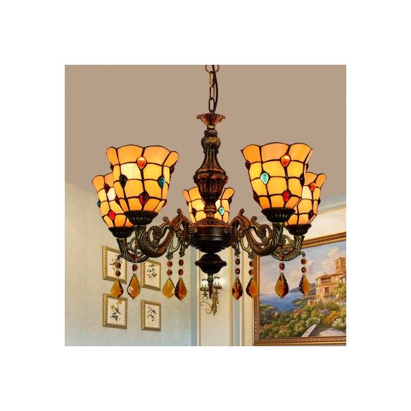 5 lumières Forme de cloche Hanging Light Lodge Treated Biel Bandelier en beige pour le foyer