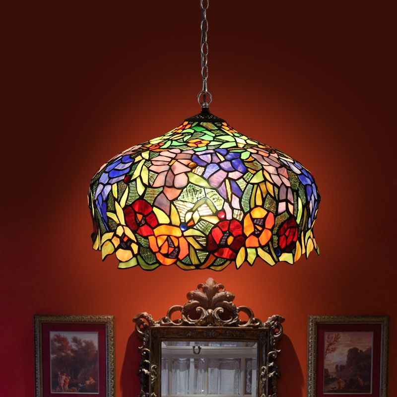 2 Lights Chandelier Mediterranean Blossom Orange Stained Glass Ceiling Lamp for Dining Room