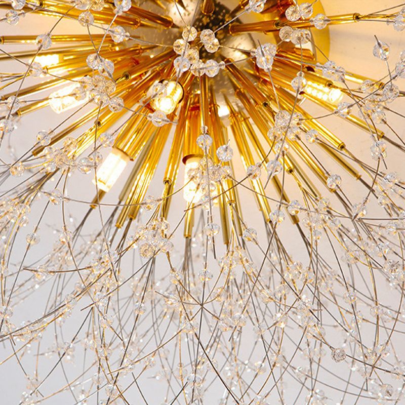 Modern Metal Flush Mount Sputnik Shape Ceiling Light with Crystal Shade for Living Room