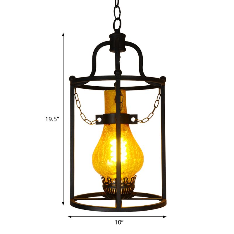 Black Cylinder Cage Shade Pendant Light Vintage Metal 1 Light Dining Room Hanging Lamp