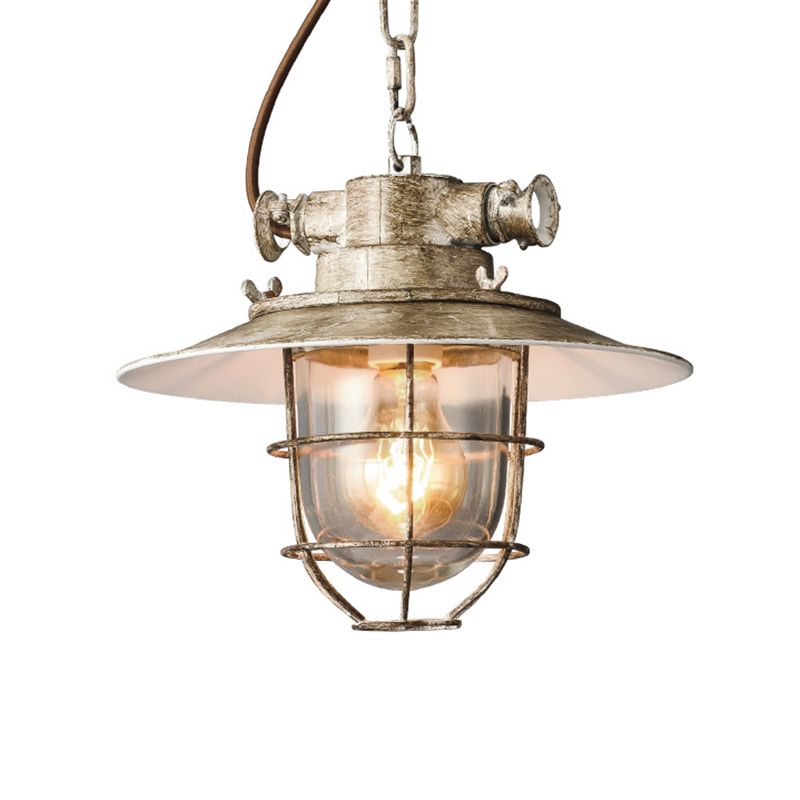 Aged Silver 1-Head Down Lighting Industrial Metallic Wire Cage Hanging Lamp Kit with Clear Glass Shade