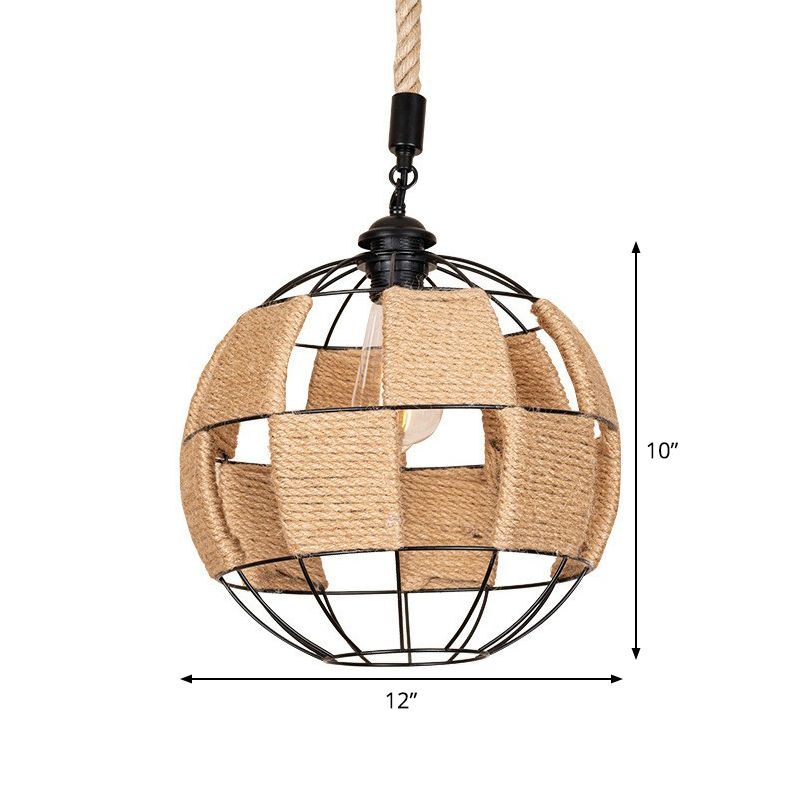 Single Hemp Rope Pendant Lamp Cottage Style Brown Globe Aisle Hanging Ceiling Light