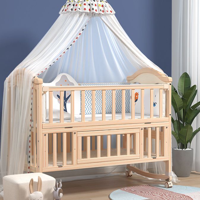 Modern Pine Wood Nursery Bed with Storage and Casters, 2-in-1 Convertible Crib