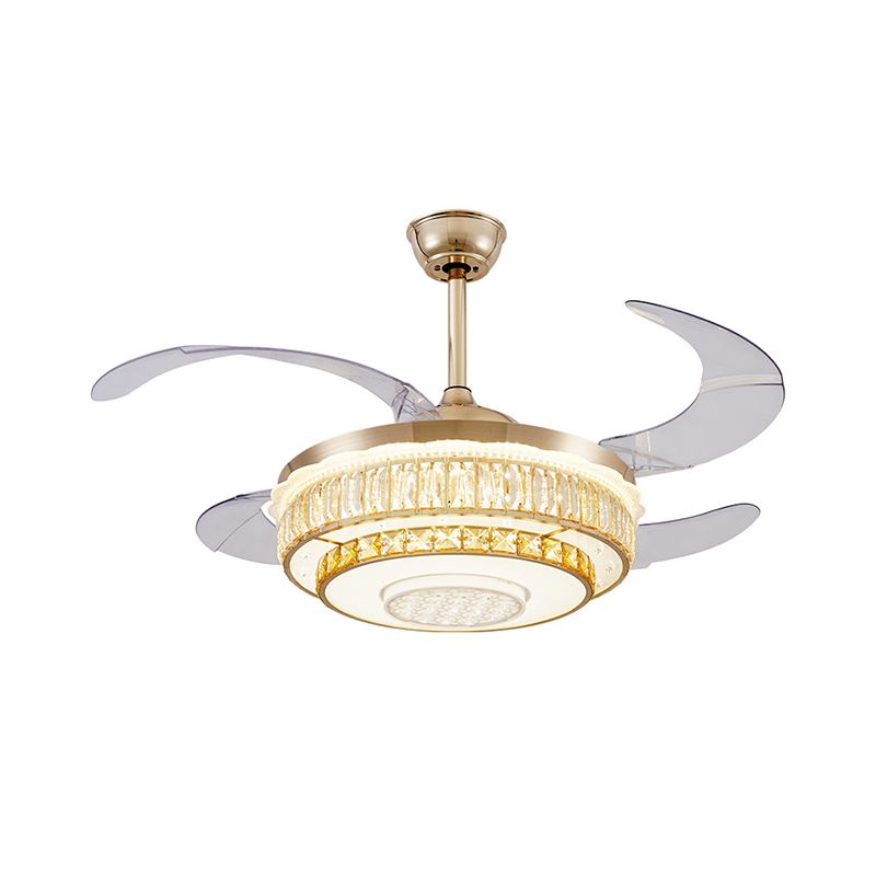 4 Blades LED Ceiling Fan Lamp Contemporary Circular Clear Crystal Blocks Semi Flush Light in Gold, 42" Width