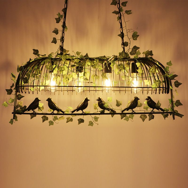 Iron Birdcage Suspension Light Antique Restaurant Island Island Chandelier Light avec Ivy artificiel en vert