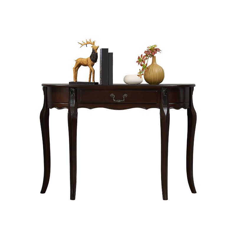 Brown Rubbered Wood Console Table Solid Wood Accent Table with Drawer for Hall